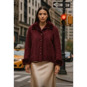 Coaco Womens Burgundy Penny Lane Coat Size S Faux Suede & Fur Mob Wife Statement